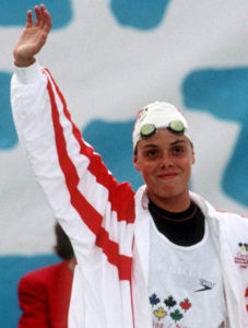 Canada's Nathalie Giguère competing in the swimming event at the 1992 Olympic games in Barcelona. (CP PHOTO/ COA/Ted Grant) Nathalie Giguère du Canada participe en natation aux Jeux olympiques de Barcelone de 1992. (PC Photo/AOC)