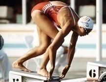 Canada's Jane Kerr competes in the swimming event at the 1984 Olympic games in Los Angeles. (CP PHOTO/ COA/Ted Grant )  Jane Kerr du Canada participe en natation aux Jeux olympiques de Los Angeles de 1984. (Photo PC/AOC)