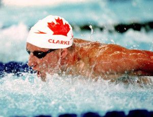 Canada's Stephen Clarke competes in a swimming event at the 1996 Atlanta Summer Olympic Games. (CP Photo/COA/Mike Ridewood) Stephen Clarke du Canada participe en natation aux Jeux olympiques d'Atlanta de 1996. (Photo PC/AOC)