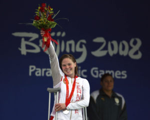 Stephane Dixon of Victoria, B.C. on the podium with her silver medal in women's 400 metre freestyle at the swimming finals at the Paralympic Games in Beijing, Friday, Sept., 12, 2008. THE CANADIAN PRESS CPC/Mike Ridewood